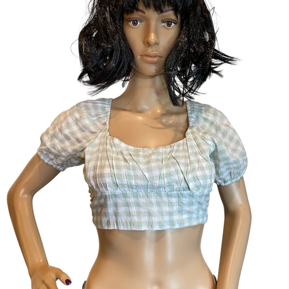 RSQ Green and White Gingham Mini Cropped Crop Top Shirt Open Back Size XS VGC